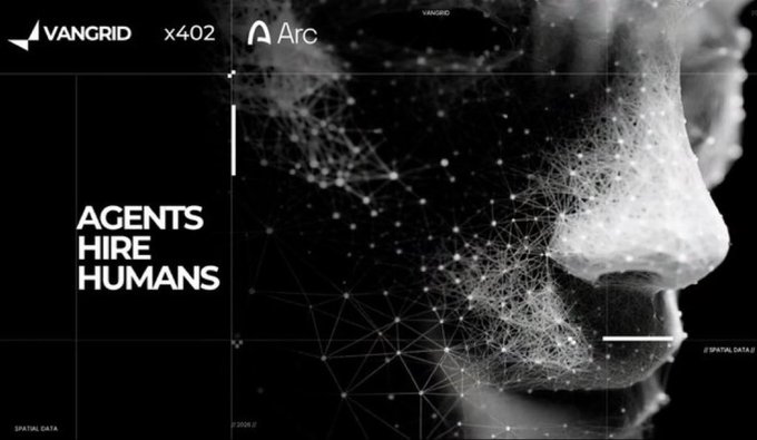 A dark futuristic graphic with 'VANGRID x402 Arc' branding and the text 'AGENTS HIRE HUMANS' alongside a stylized face made of connected digital nodes and wireframe geometry.