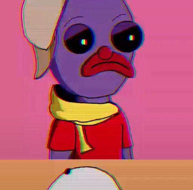A surreal, glitchy illustration of a purple duck-like figure with large dark eyes, a red bill, a yellow scarf, and a red shirt against a pink background.