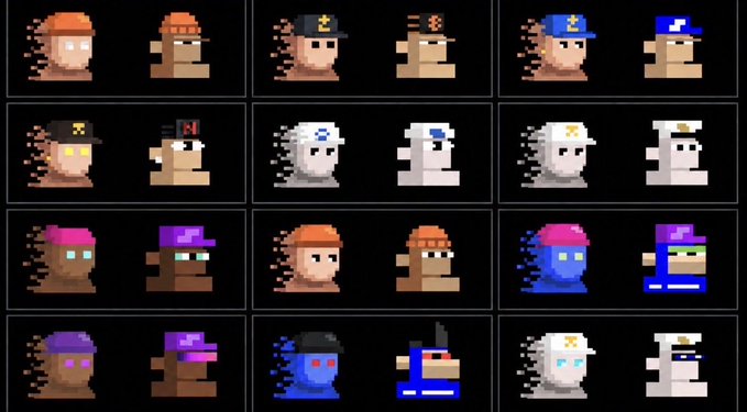 A 4x3 grid displaying 12 pairs of pixel-art monkey character NFTs, with each pair featuring a Cryptopunks-style profile portrait on the left (@zksnarks_ artworks) alongside a mirrored, stylized version on the right (@nodemonkes artworks) showcasing various hats, colors, and accessories like ski goggles and bandanas.