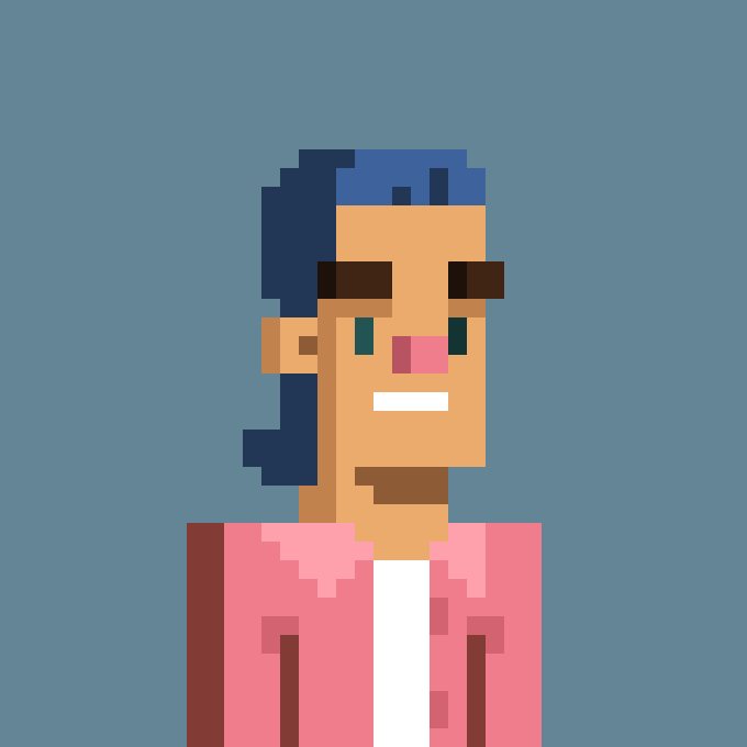 A pixel art portrait of a person with dark hair and sunglasses, wearing a pink jacket over a white shirt, against a solid teal background.