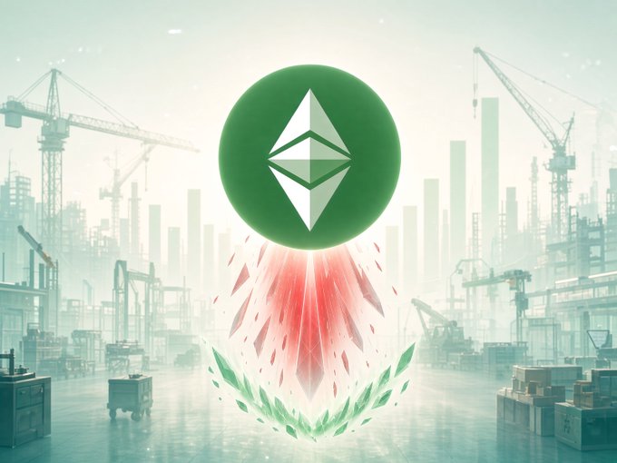 A digital illustration showing a green Ethereum (ETH) logo hovering above a construction site backdrop, with red and green shard-like elements erupting from below.