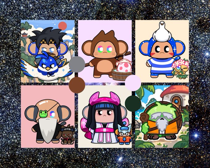 A colorful illustration features six cartoon monkeys in various outfits and settings, including samurai, gnome, sailor, wizard, shrine maiden, and hermit themes, arranged in a grid against a starry space background.