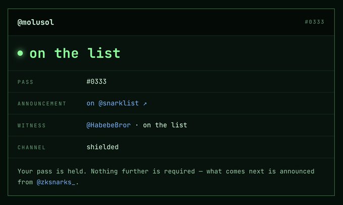 A digital interface with green text on a dark background displays a status of 'on the list' for user @molusol, showing pass #0333, announcement on @snarklist, witness @HabebeBror, and channel 'shielded'.