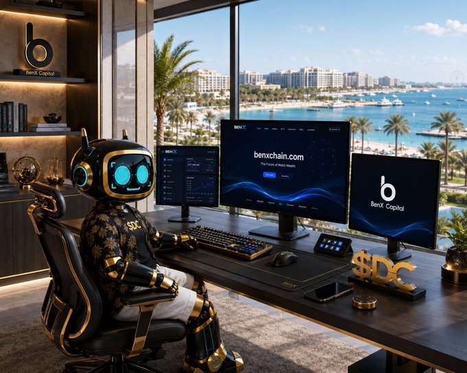 A futuristic AI-themed image showing a black and gold robot sitting at a desk with multiple monitors displaying "BenX Capital" and "benxchain.com," with a coastal cityscape and palm trees visible through the window behind.