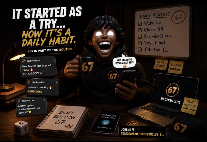 An animated promotional graphic for the "Six Seven Club" featuring a character with glowing eyes holding a coffee mug, surrounded by checkboxes, messages about community updates, and links to telegram.me/sixsevenclub.