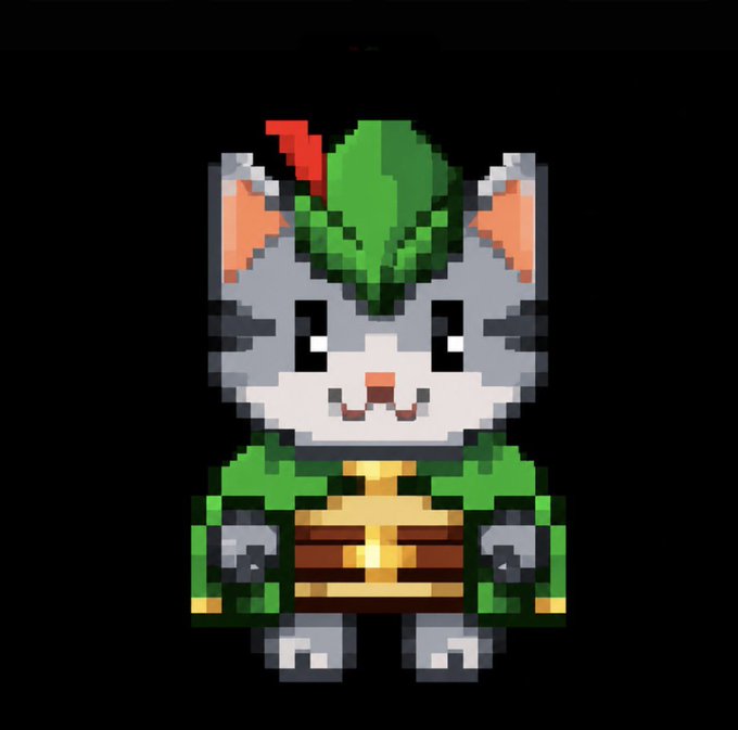 A pixel art cat character dressed as Robin Hood, featuring a green feathered hat with a red feather, green tunic, and brown belt. The image relates to the post by serving as the official mascot for the "$Robincat" meme coin, whose name was chosen to match the Robinhood cat from the chain video.