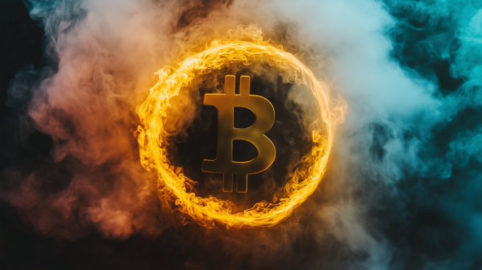 A digital artwork depicts a golden Bitcoin symbol encircled by a ring of fire, surrounded by swirling orange and teal smoke against a dark background.