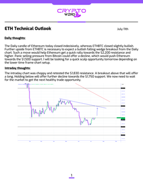 A CryptoZ.io ETH Technical Outlook from July 11th shows a candlestick chart at the $1,830 resistance level, noting indecisive ETHUSD action but bullish ETHBTC strength, with a $2,200 resistance and $1,760 support marked on the chart.
