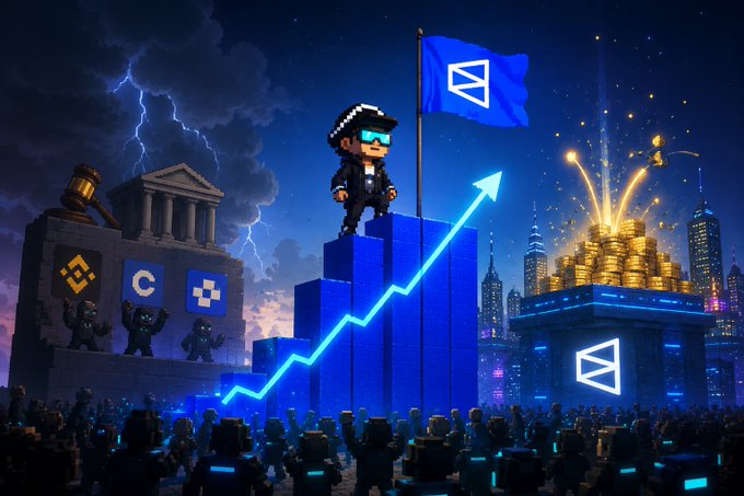 A pixel-art style illustration showing a character standing on rising blue bar chart steps beneath a crypto flag, with an upward arrow, gold coins, and city skyline in the background.