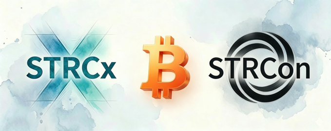 A promotional banner displaying three cryptocurrency-related logos: STRCx, the Bitcoin symbol, and STRCon, set against a watercolor-style background.