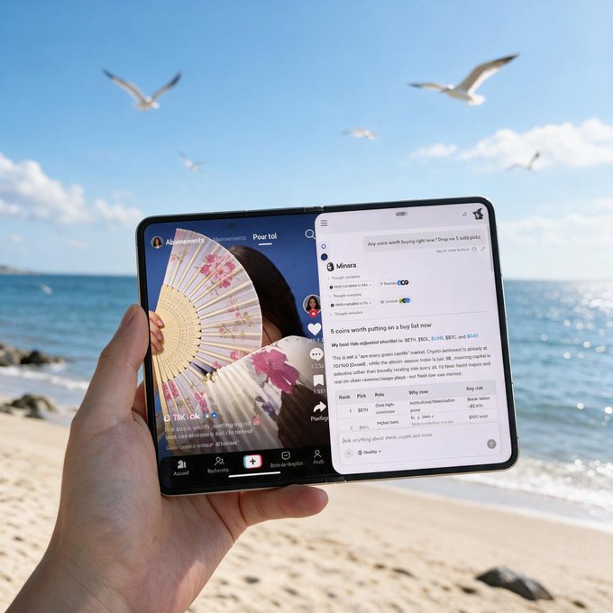 A hand holds a foldable smartphone open to display two apps side-by-side on a beach, with the right screen showing text that reads '5 coins worth putting on a buy list now' and 'My four high-dividend shortlist is: $TTD, $PDD, $LUNR, $BYD, and $BABA'.