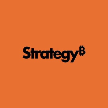 Bold black 'Strategy' logo with a stylized 'B' Bitcoin symbol on a bright orange background.