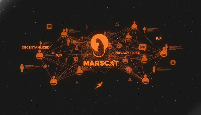 The image features a large graphic design of a network with various icons representing different aspects of Web3 social media platforms. The main focus of the image is the Marscot logo, which is surrounded by numerous other icons related to Web3 social media. The text "Marscott" and "Web3" are prominently displayed in orange against a black background, emphasizing the connection between these two concepts. The overall design suggests that Web3 social aims to provide a more centralized experience compared to traditional social media platforms.