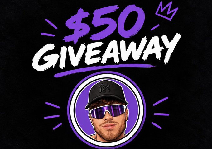 A purple and black promotional graphic reads "$50 GIVEAWAY" above a cartoon-style avatar of a bearded man wearing a New York Yankees cap and purple sunglasses, illustrating the text post announcing a $50 Solana giveaway by @PULLENSPINS requiring a follow, like, repost, and wallet comment.
