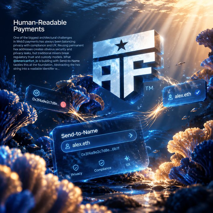 A futuristic promotional graphic for Human-Readable Payments, showing the BTF (Bitcoin Terrahash Foundation) logo and a 'Send-to-Name' interface displaying 'alex.eth' alongside its hex address, set in an underwater coral reef scene.