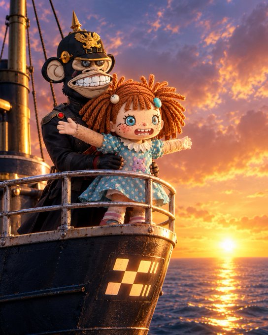 A surreal 3D illustration of two unsettling, doll-like characters—one dressed as a German soldier and the other a girl with red yarn hair—standing on a boat at sunset with a Bitcoin logo on the hull.