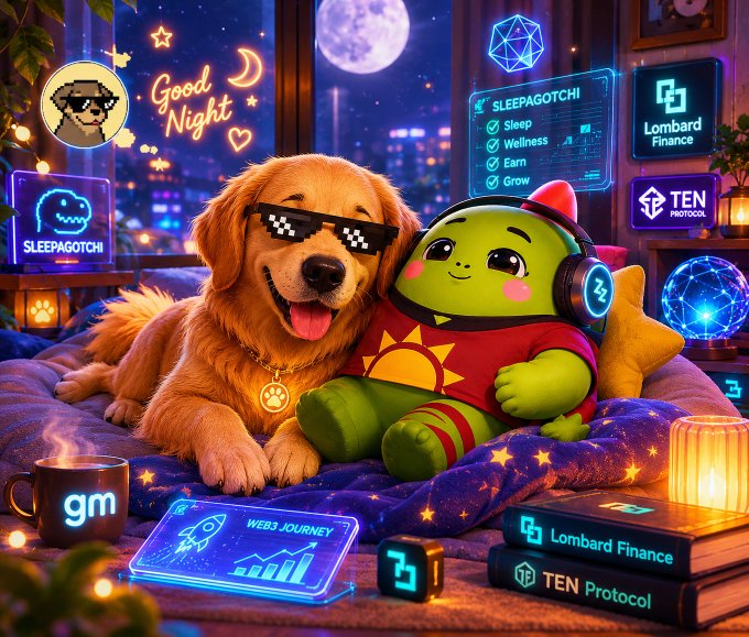 The image features a large dog wearing sunglasses, sitting next to a green frog plushie with headphones on its head. The background includes a city skyline at night, neon signs for "Good Night CT Feels like @sleepagotchi is slowly becoming much bigger than people first expected", and books scattered around the scene. The post seems to be promoting a game called "TEN Protocol" or possibly a wellness app that connects users with others who share similar interests in gaming and wellness.