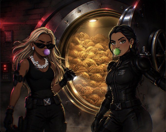 A digital illustration of two women in tactical black outfits with sunglasses, blowing bubble gum, standing in front of a vault filled with gold bars.