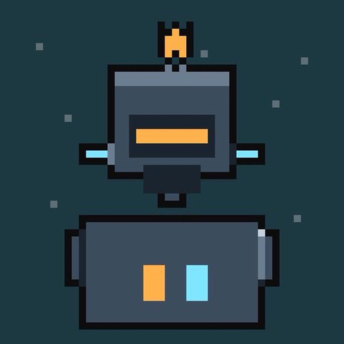 A pixel art illustration of a small, blocky gray robot with an orange antenna, a rectangular orange visor, and cyan accents on its body.
