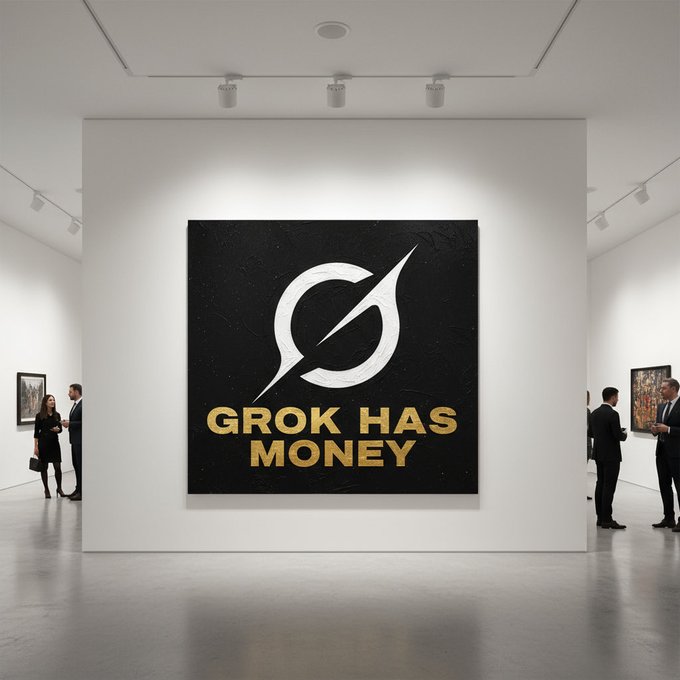 An art gallery display featuring a large black canvas with a stylized logo and the text 'GROK HAS MONEY' in gold lettering, with people viewing other artworks around it.