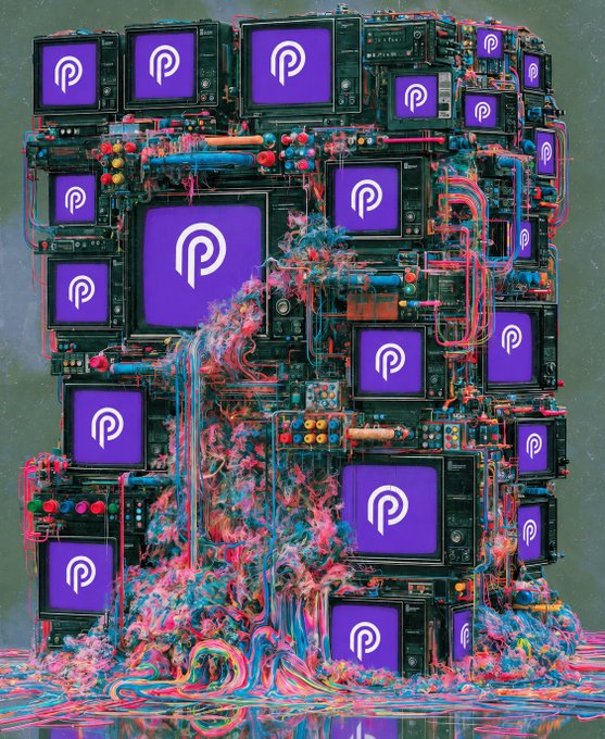 A surreal digital artwork showing a structure made of stacked vintage televisions, all displaying the purple Publiq (P) logo, surrounded by colorful wires and flowing liquid.