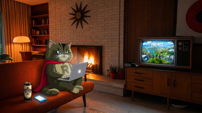An AI-generated image of a cat-like superhero wearing a red cape and a chest emblem, sitting on a couch using a laptop with a smartphone beside it, while a retro television displays Fortnite in a cozy living room.