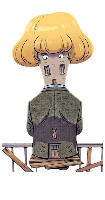 A cartoon illustration depicts a man with an exaggerated large blonde bouffant hairstyle, seen from behind wearing a gray suit, with a brick wall visible below him.