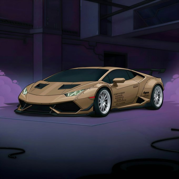 A digital illustration of a tan or gold colored Lamborghini Huracán sports car parked in a dimly lit garage with purple ambient lighting.