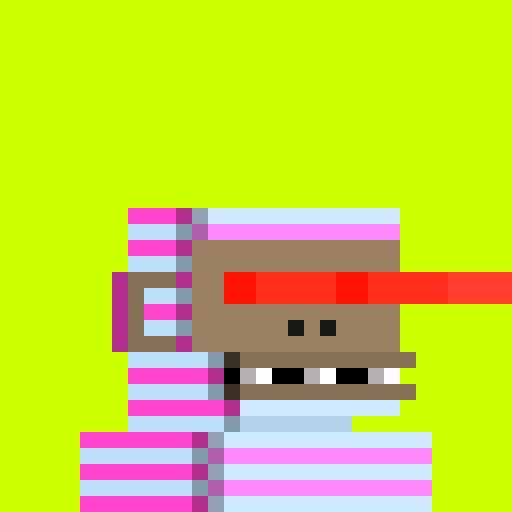 A crude pixel-art image shows a blocky, brown-skinned character wearing pink-and-gray striped clothing with a red visor and large, toothy mouth, set against a lime-green background. The art style intentionally mirrors the simplistic, amateurish NFT profile pictures typical of low-effort "Robinhood Chimps" projects, visually reinforcing the post's mockery of the project's clueless leadership and absurd promotional narratives.