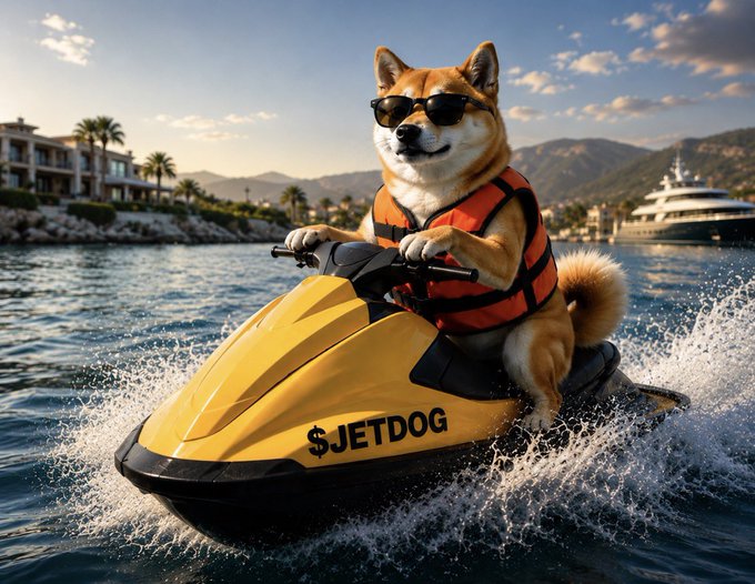 A digital illustration of a Shiba Inu dog wearing sunglasses and an orange life vest, riding a yellow jet ski labeled '$JETDOG' across sparkling blue water with a yacht and coastal buildings behind.