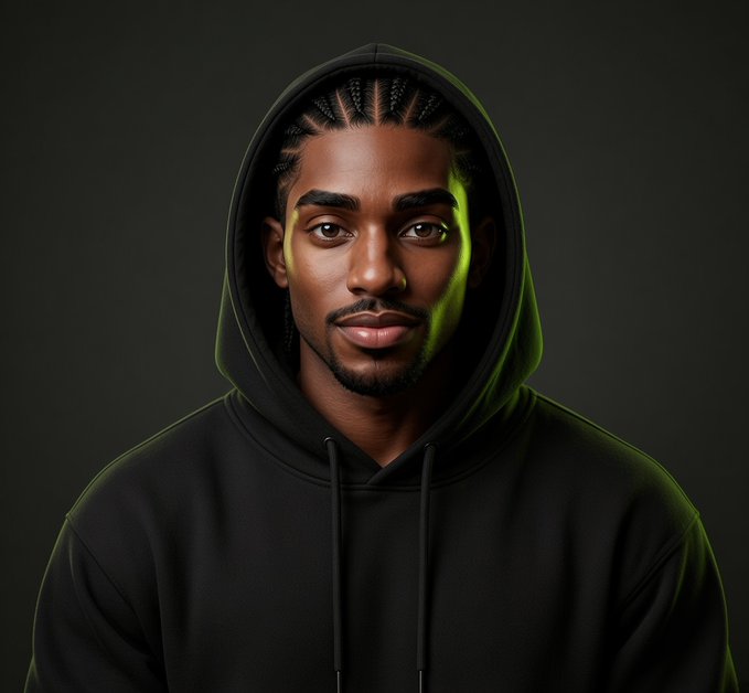A digital rendering of a young man with braided hair wearing a black hoodie, lit with dramatic green lighting against a dark backdrop.