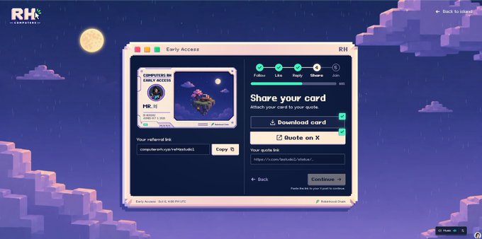 A pixel art-style interface for 'RH' (Roblox Helpers) showing an 'Early Access' card share screen with 'COMPETITIVE RH EARLY ACCESS' text and a download card option.