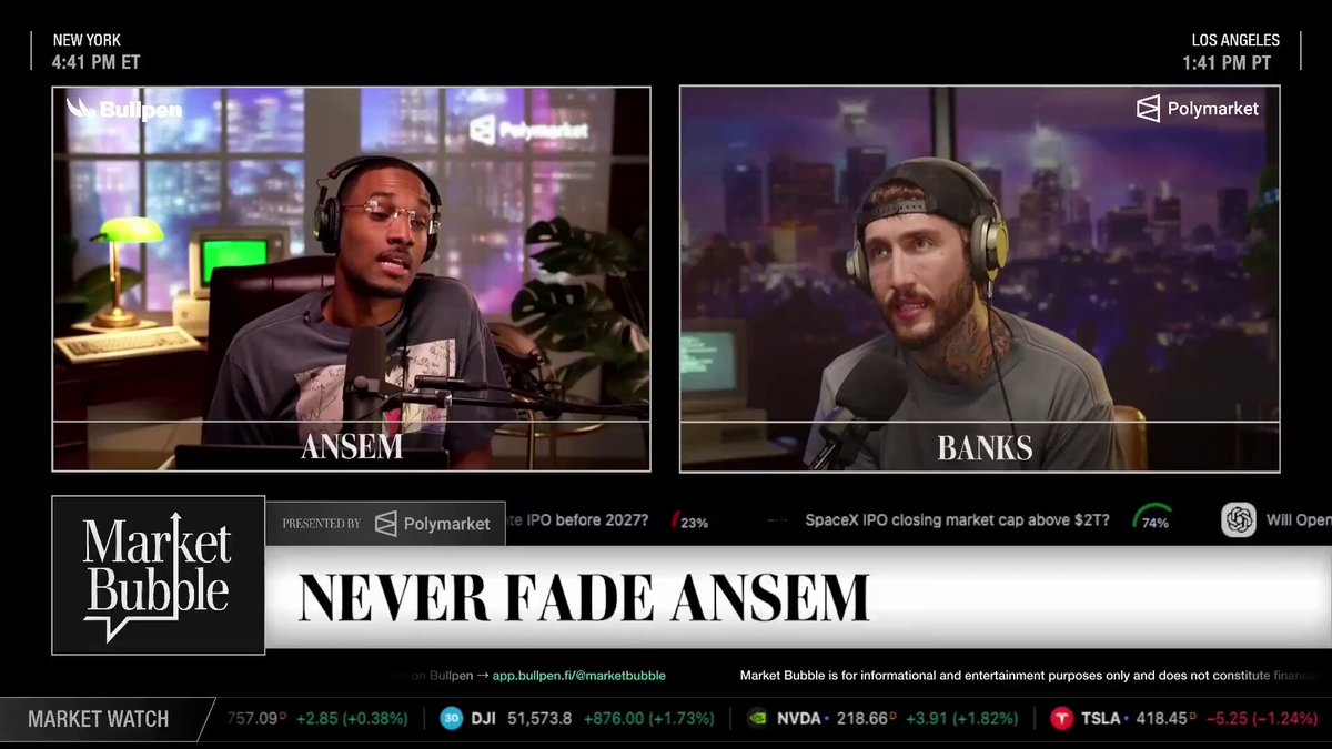 The image shows two men sitting behind microphones, one of whom appears to be speaking into a microphone while the other man listens intently. The background features a cityscape with buildings visible through windows. The text "Never Fade Ansem" is displayed on the screen above them, and there are several other texts related to Bitcoin and Saylor's situation in the image.