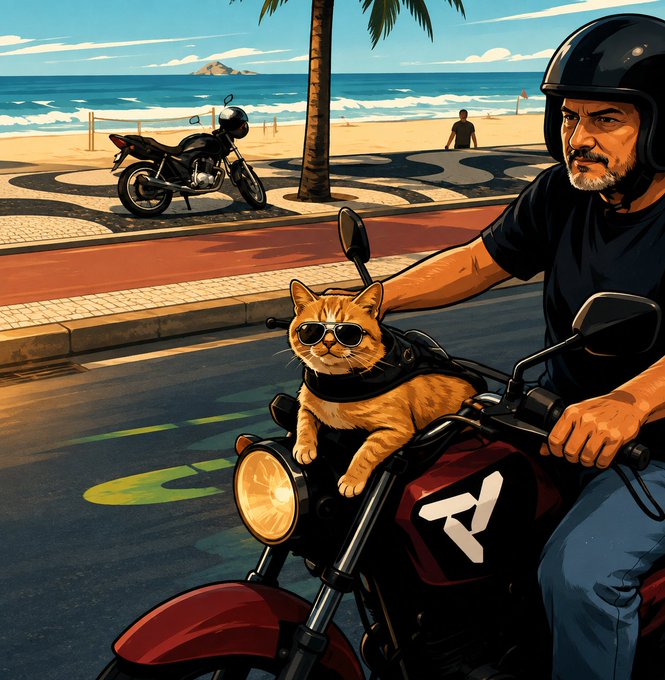 An illustrated scene shows a man in a black helmet riding a motorcycle along a beach, with a sunglasses-wearing orange cat perched on the handlebars.
