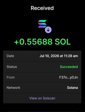 A screenshot of a Solana transaction confirmation showing a successful receipt of +0.55688 SOL (~$55) from "F37o...yDJn" on July 10, 2026, which corresponds to the purchase of 5.56 million $RBULL tokens via the presale wallet.
