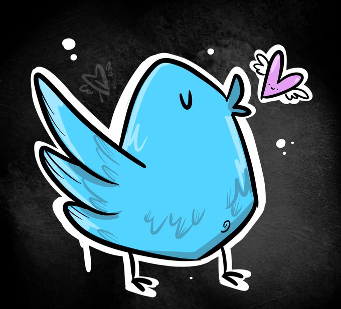 A cute cartoon blue bird with a pink heart floating beside it stands against a dark chalkboard-like background.