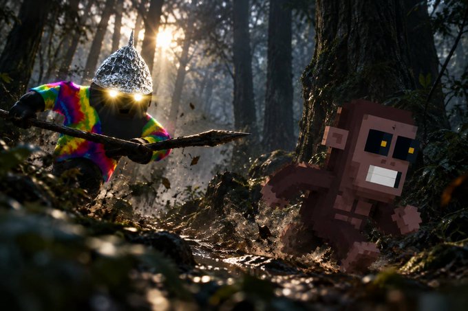 A digital illustration depicts a black bear wearing a tie-dye shirt and a foil hat, holding a sword, running through a forest alongside a brown, blocky character resembling a Minecraft pig.