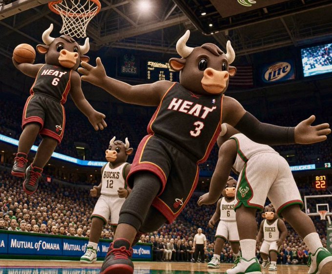Two animated bull mascots wearing Miami Heat jerseys (#6 and #3) and two Bucks mascots (#12 and #6) face off on a basketball court, with the central Heat bull appearing to dunk or block a shot. The image playfully ties into the post's bullish $ANSEM sentiment, with the "Heat" bulls symbolizing the crypto's heating up momentum and the "Bucks" representing rival tokens—suggesting a competitive week of surprise airdrops and NFT buybacks ahead.