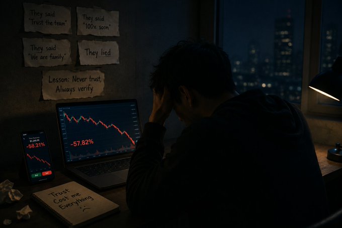 The image shows a distressed person at a desk with a laptop displaying a stock/crypto chart with red numbers "-57.82%" and "-58.21%," surrounded by sticky notes warning "Never trust, Always verify" and "Trust = Lost me Everything," visually reinforcing the post's hard-learned lesson about trusting no one after suffering massive crypto losses.