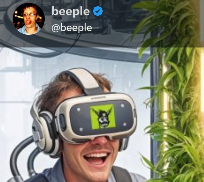 A screenshot of a tweet by verified user @beeple showing a person smiling while wearing a VR headset with the Bored Ape Yacht Club logo on the front.