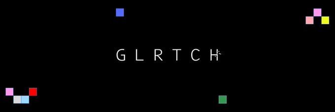 The image displays "GLRTCH" in minimalist white text against a black background, accented by scattered colorful pixel squares in pink, yellow, red, blue, green, and cyan. The branded graphic visually reinforces the @Glrtch promotion offering 10 giveaway spots for those who comment with their EVM wallet.
