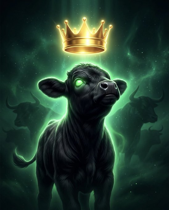 A black baby bull with glowing green eyes stands crowned in gold, surrounded by ethereal green mist and shadowy bull silhouettes—visually embodying the "BABYANSEM" character and its royal, memorable branding as described in the post.