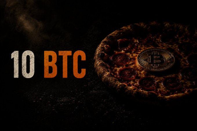 A dark, moody image of a pepperoni pizza with a Bitcoin coin on it, alongside the text '10 BTC' in white and orange.