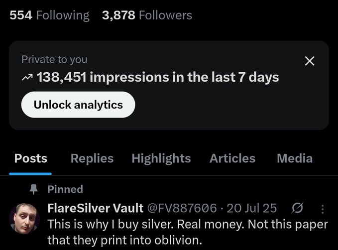 A Twitter/X profile screenshot showing an account with 554 Following and 3,878 Followers, displaying private analytics of 138,451 impressions in the last 7 days, with a pinned post by FlareSilver Vault (@FV887606) from 20 Jul 25 stating 'This is why I buy silver. Real money. Not this paper that they print into oblivion.'