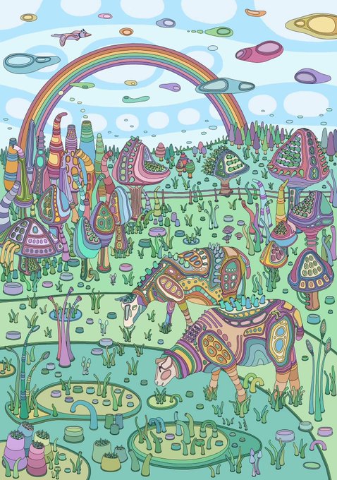 A whimsical, colorful illustrated landscape featuring fantasy mushroom-like structures, patterned horse-like creatures, a rainbow, and floating organic shapes in a surreal environment.