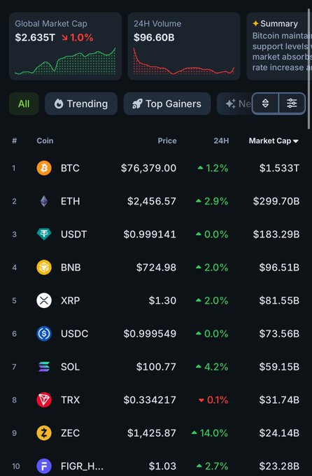 A cryptocurrency market dashboard showing Global Market Cap of $2.635T (down 1.0%), 24H Volume of $96.60B, and a list of top coins including BTC at $76,379.00 (+1.2%), ETH at $2,456.57 (+2.9%), USDT, BNB, XRP, USDC, SOL at $100.77 (+4.2%), TRX, ZEC (+14.0%), and FIGR_H...