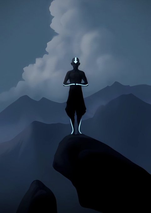 A dark, silhouetted figure with glowing white outlines stands atop a rocky peak, holding a glowing object against a moody backdrop of mountains and clouds at night.