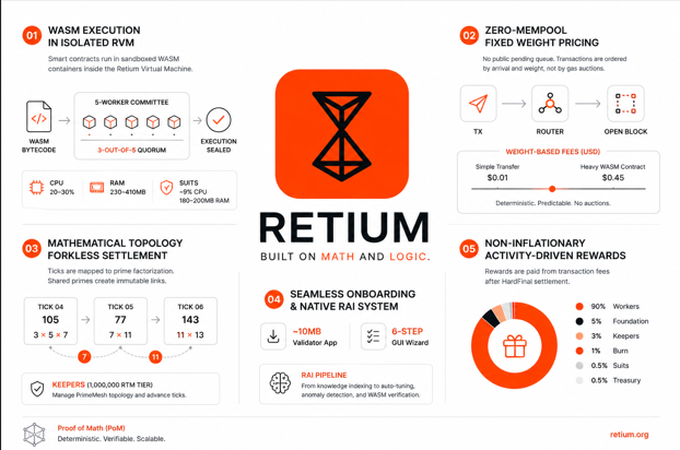 Infographic for Retium blockchain platform highlighting five features: WASM execution in isolated RVM, zero-mempool fixed weight pricing ($0.01 simple, $0.45 heavy), mathematical topology forkless settlement, seamless onboarding with RAI system, and non-inflationary activity-driven rewards.