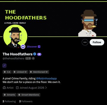 A Twitter/X profile page for "The Hoodfathers" (@thehoodfathers), described as "A pixel Crime Family, riding @Robinhoodapp," featuring pixel art avatars and a verified checkmark.