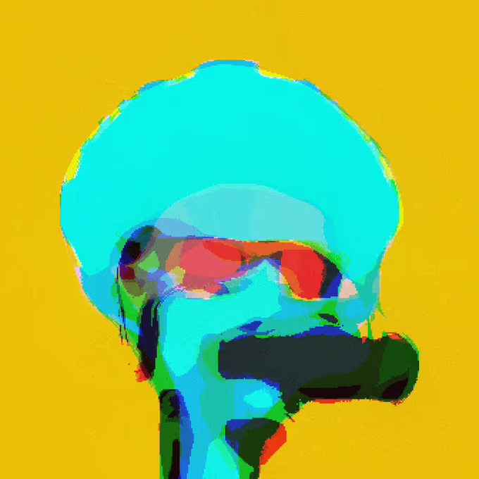 A stylized, colorful pop-art painting of a profile wearing sunglasses, rendered in teal, red, and dark green against a mustard yellow background.